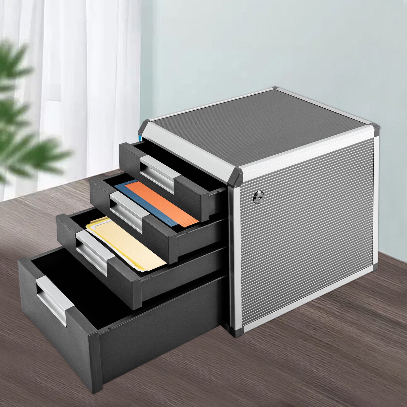 4 Layers Desktop Drawer Organizer Books File Locking Storage Cabinet for Home Office,12.4*13.8* 11.7in