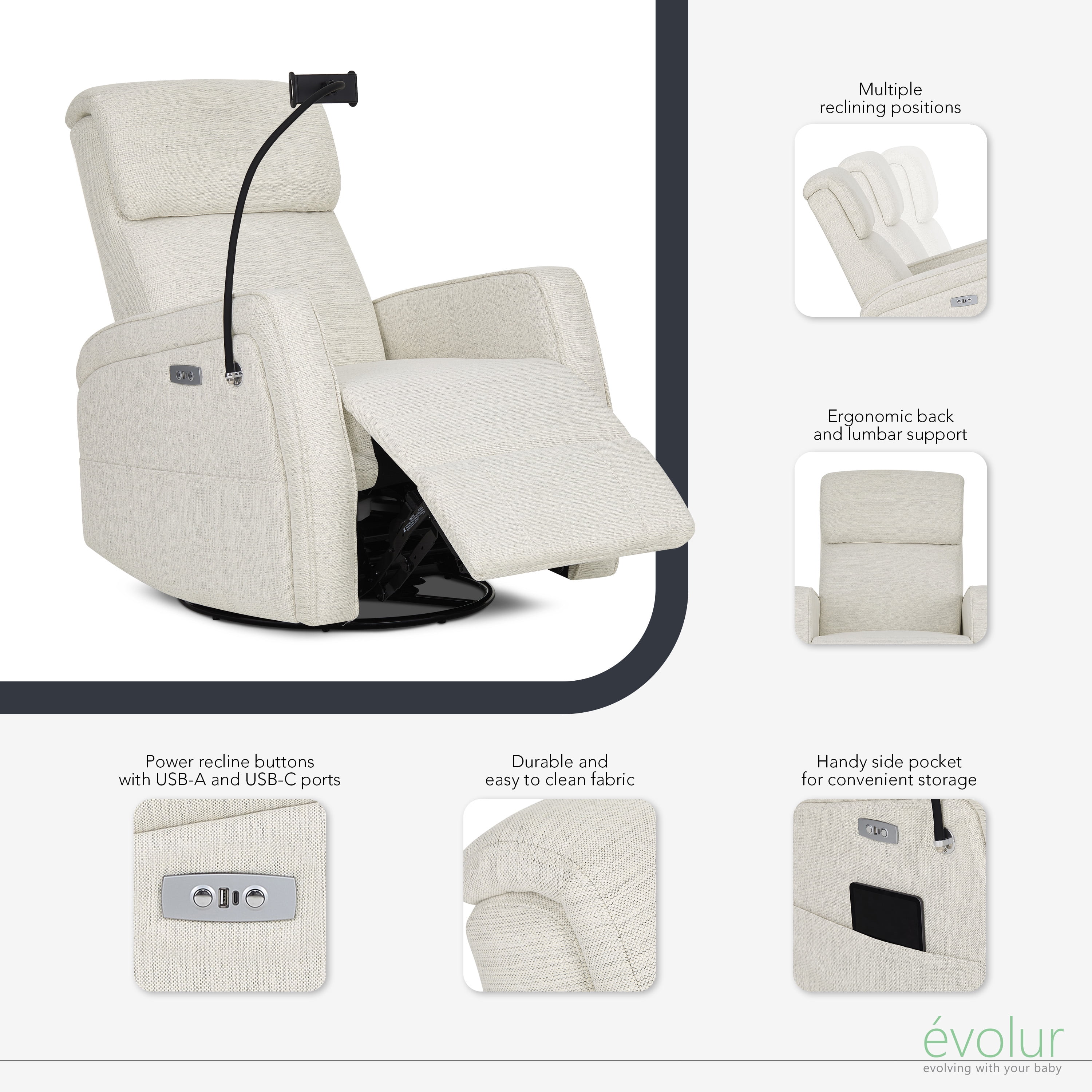 Evolur Maverick Power Recline Glider with Device Holder, Thunder Beige