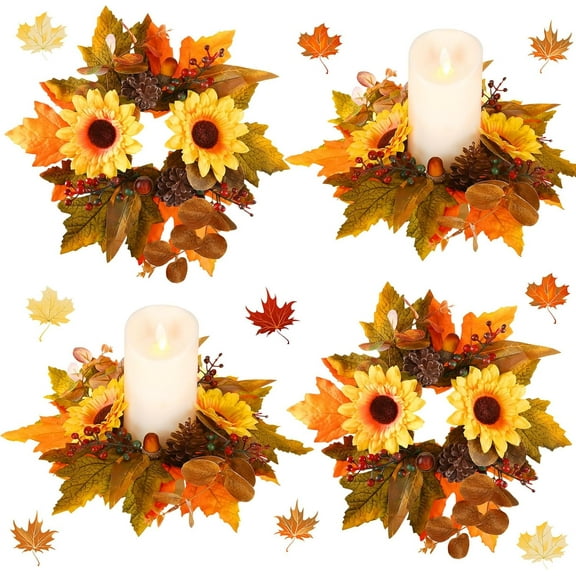 2 Pcs Fall Wreath Candle Rings, Farmhouse Thanksgiving Candle Rings Wreaths, Autumn Artificial Maple Candle Holder Festival Holiday Party Decoration