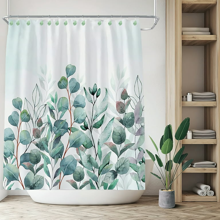 MKLZ 12 Pcs Shower Curtain Hooks Set, Resin Green Leaves Decorative Bathroom Rod Rings, Size: One Size