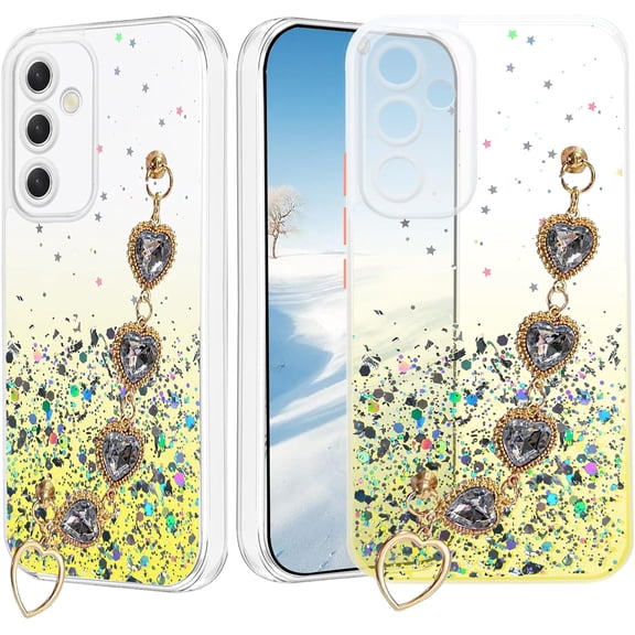 Phone Case for Samsung A15 5g Telephone Case with Chain Strap Bracelet, Shockproof Samsung Galaxy A15 5g Case Clear Glitter Silicone Aesthetic Cover Pink Cute (Yellow)