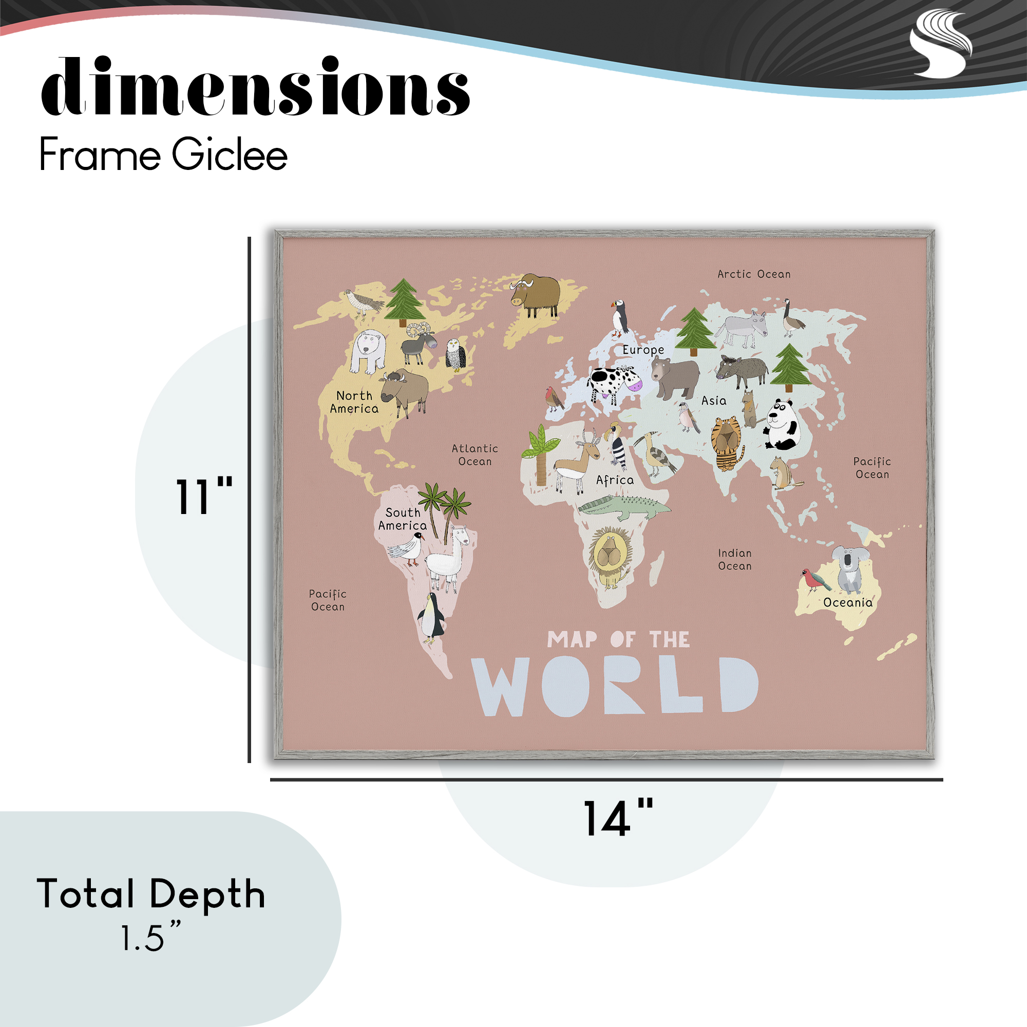 Kid's Map Of World Pink Gray Framed Giclee Art, design by Carla Daly