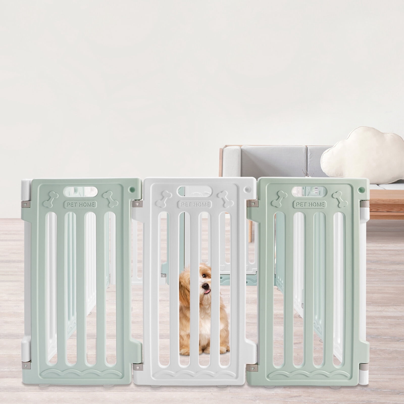 11 Panels Pet Barrier, Dog Playpen with Door, HDPE, Pet Safety Fence for Indoor, Green and White
