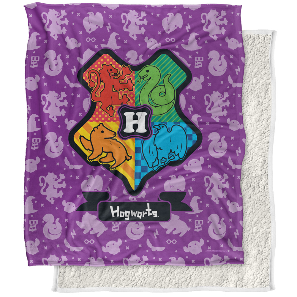 Harry Potter Blanket, 50"x60", Cartoony Hogwarts Silky Touch Sherpa