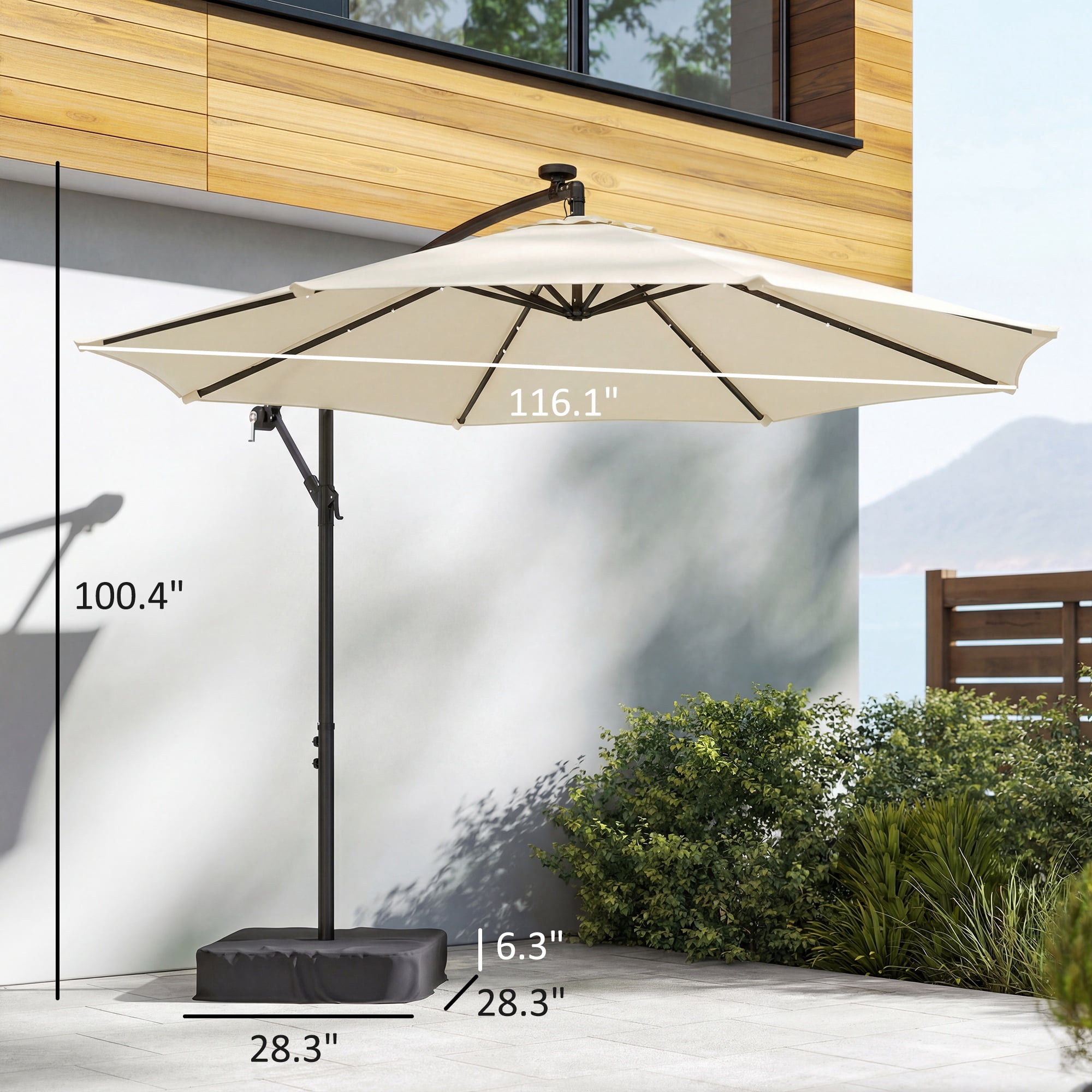 Outsunny 10 ft Cantilever Patio Umbrella with Solar LED Light, Sandbag Weight, Offset Hanging Outdoor Umbrella with Protective Cover, Cream White