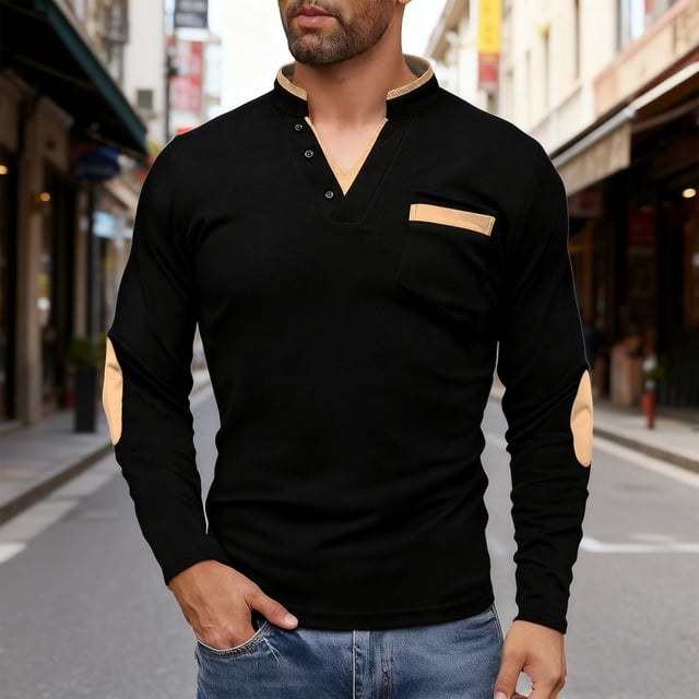 pstuiky camisas de manga larga para hombre, Blusa/camiseta informal y moderna de color liso con cuello en V, manga larga y bolsillos abotonados para hombre top de hombre s