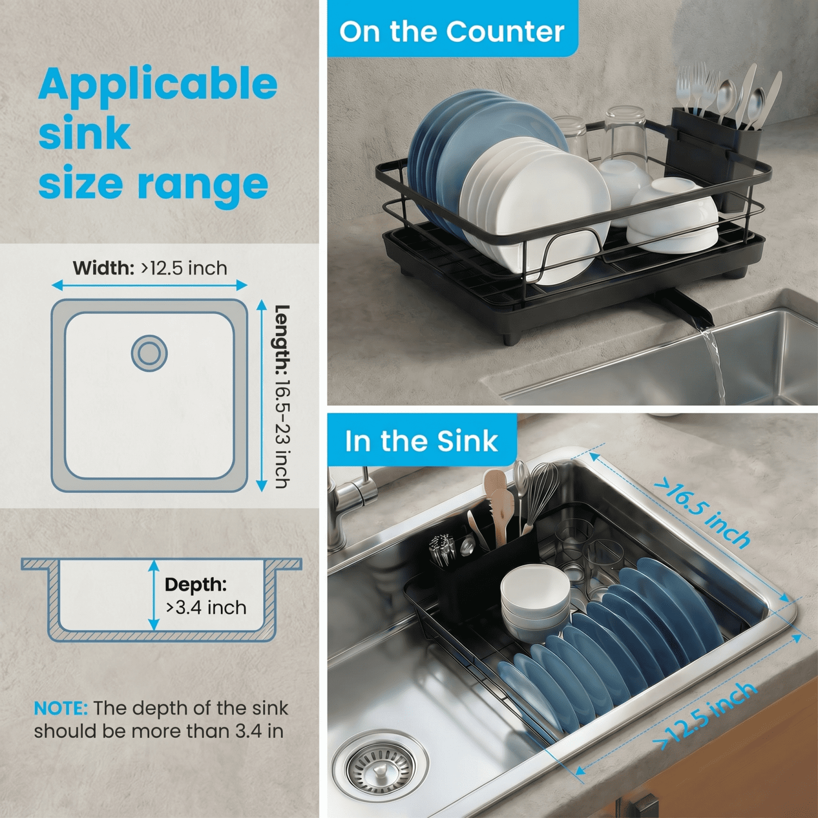 Metal Dish Drying Rack for Kitchen Counter (15.6" × 12") — Black Coated Metal with Removable Utensil Holder & Swivel Drainboard
