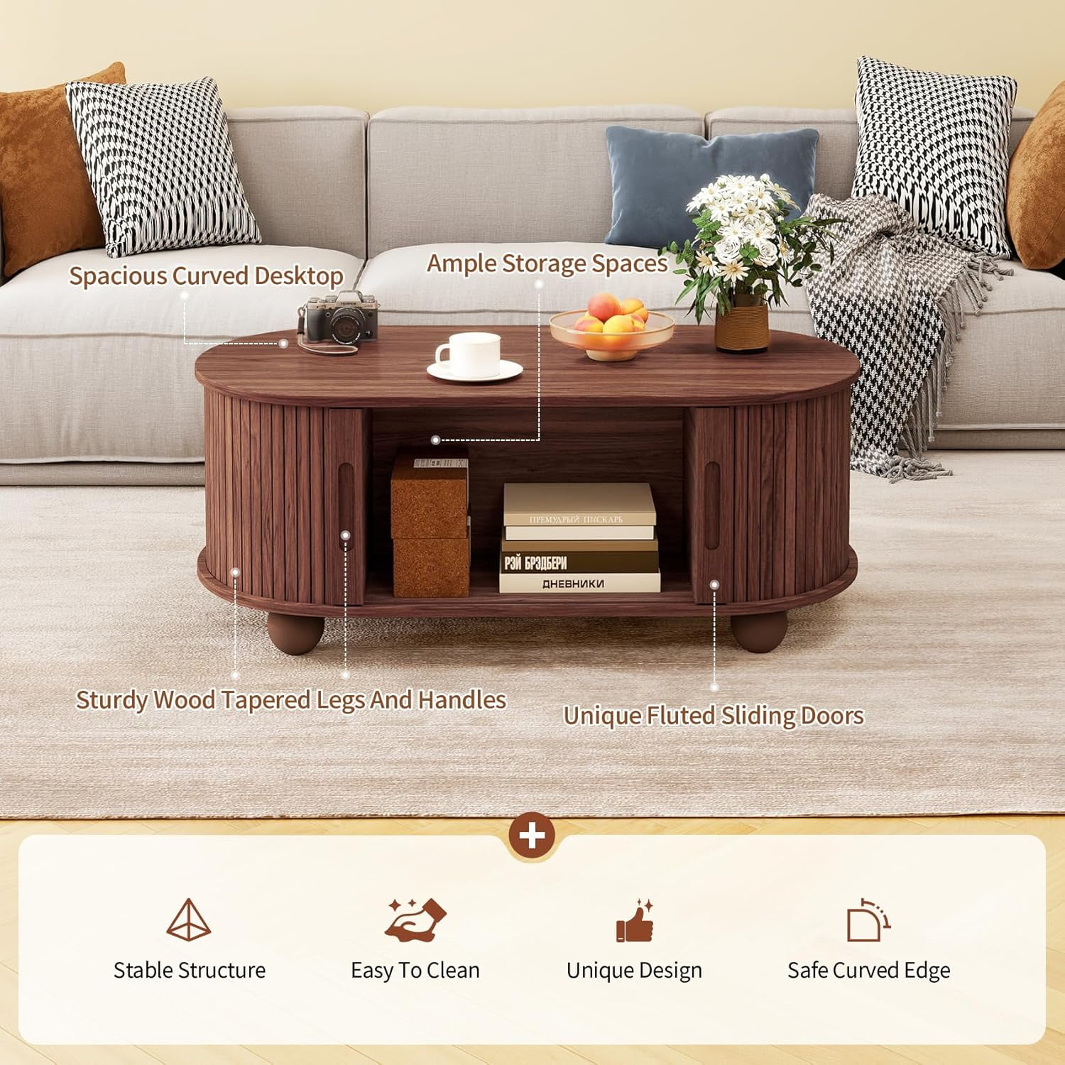 LFGUIZO 39.98” Oval Coffee Table with Hidden Storage, Mid-Century Modern Fluted Wood Coffee Table with 360° Sliding Doors, Solid Wood Legs, Walnut Center Table for Living Room