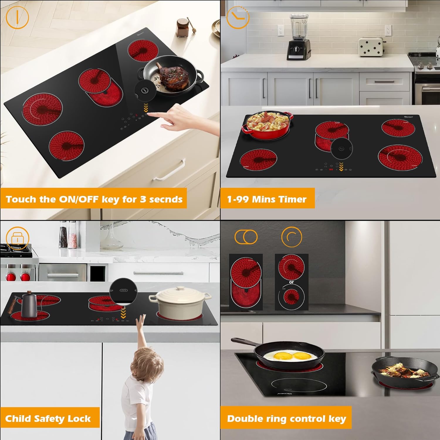 GIONIEN 36 Inch Electric Cooktop, 8400W Built-in Ceramic Stove with 5 Burners & Double Ring Zones, 220~240V Hardwired Drop-in Electric Stove Top, Touch Control, 9 Power Levels, Timer, Child Lock