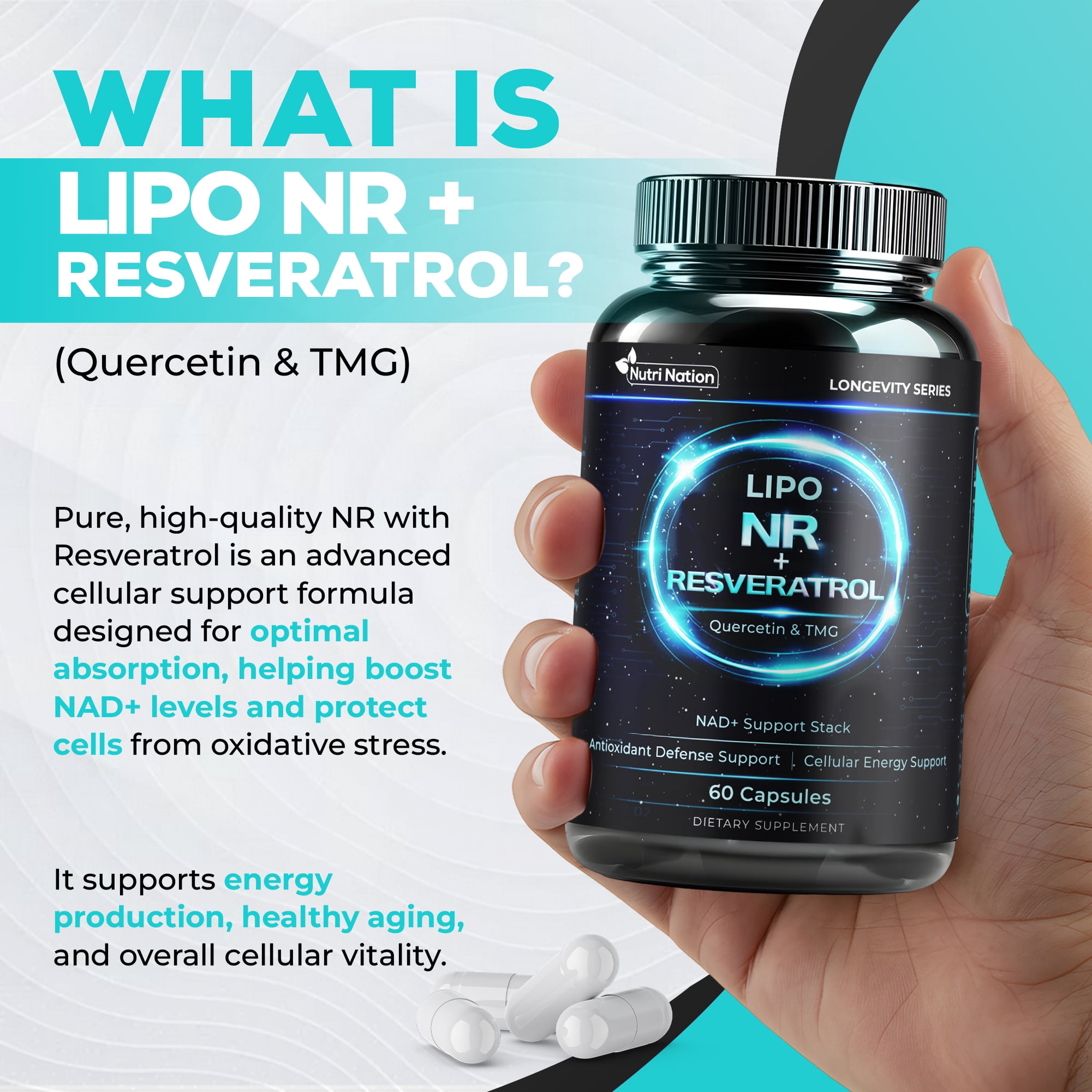 NAD Supplement with Liposomal Nicotinamide Riboside , Resveratrol, Quercetin & TMG, 180 Capsules, 3 Bottles. Cellular Energy & Antioxidant Support
