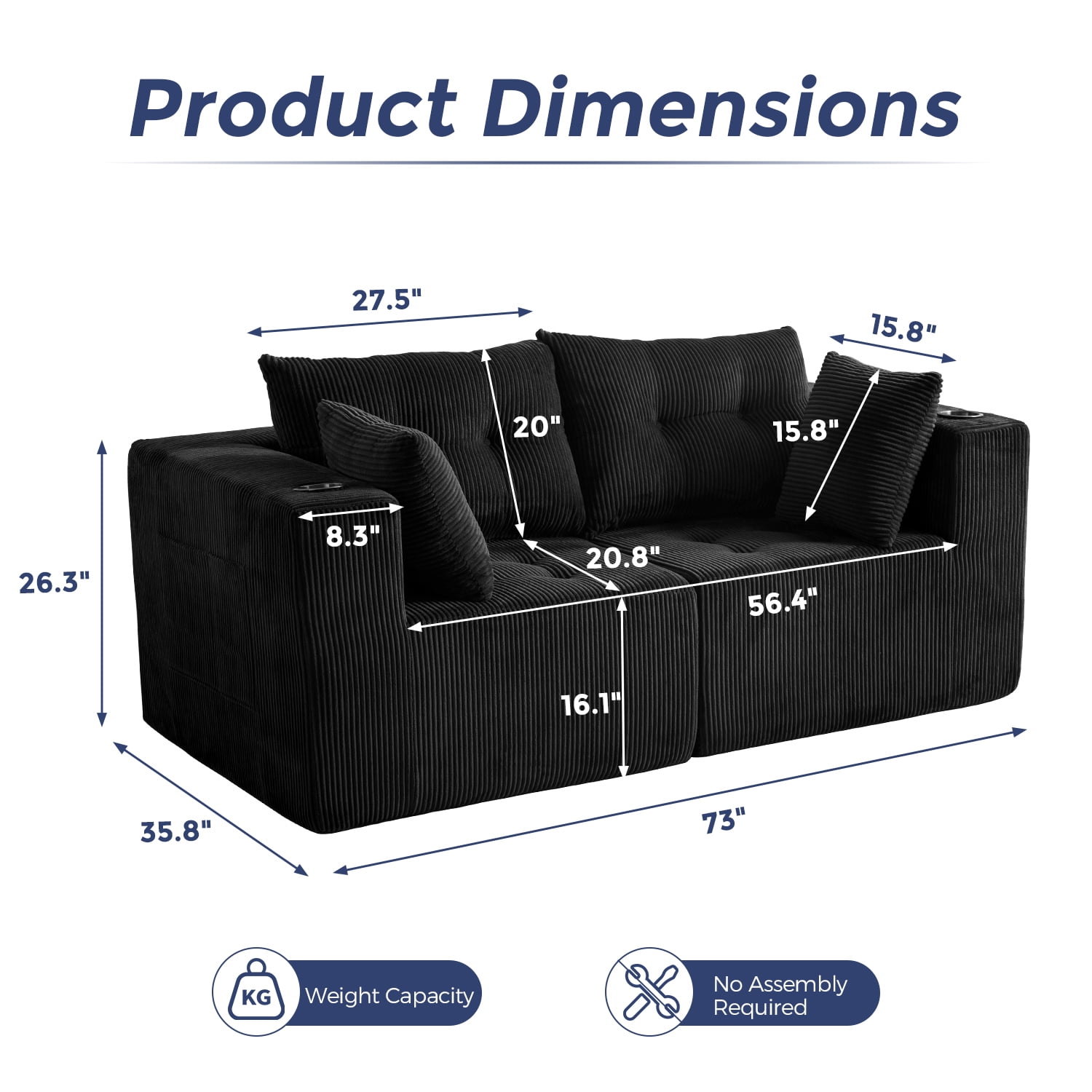 BYBYME 73"Oversized Loveseat Couch,2 Seat Sectional Corduroy Tufted Sofa,Upholstered Symmetrical Cloud Couch with Double Chaise,Wrap Around Sofa for Living Room Apartment Office,Sofa in A Box,Black