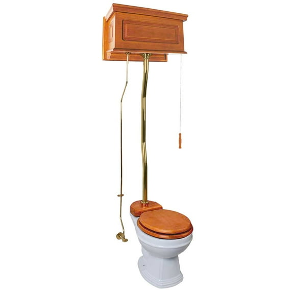 Renovators Supply High Tank Pull Chain Toilet w/Light Mahogany Wooden Raised High Tank 59" to 74" Adjustable Height Brass Z Pipe and Round Toilet Bowl