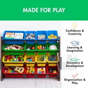 Humble Crew Storage Organizer with 16 Plastic Bins for Kids & Toddlers, Dark Wood/Primary