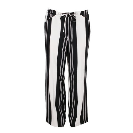 Inc International Concepts Ivory Black Striped Draw String Waist Wide-Leg Pants