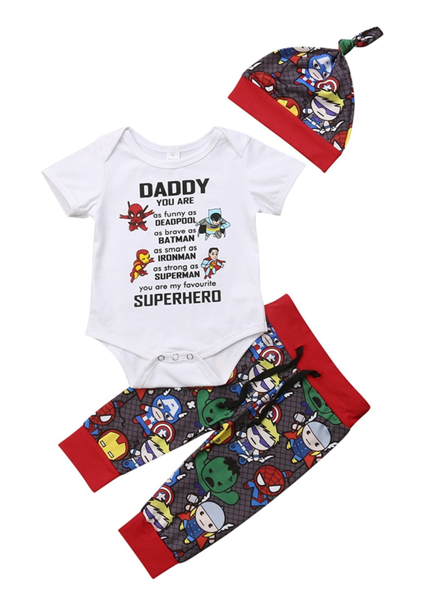 US Newborn Toddler Baby Boy Outfit Superhero Romper T-shirt Pants Hat 3pcs Set 