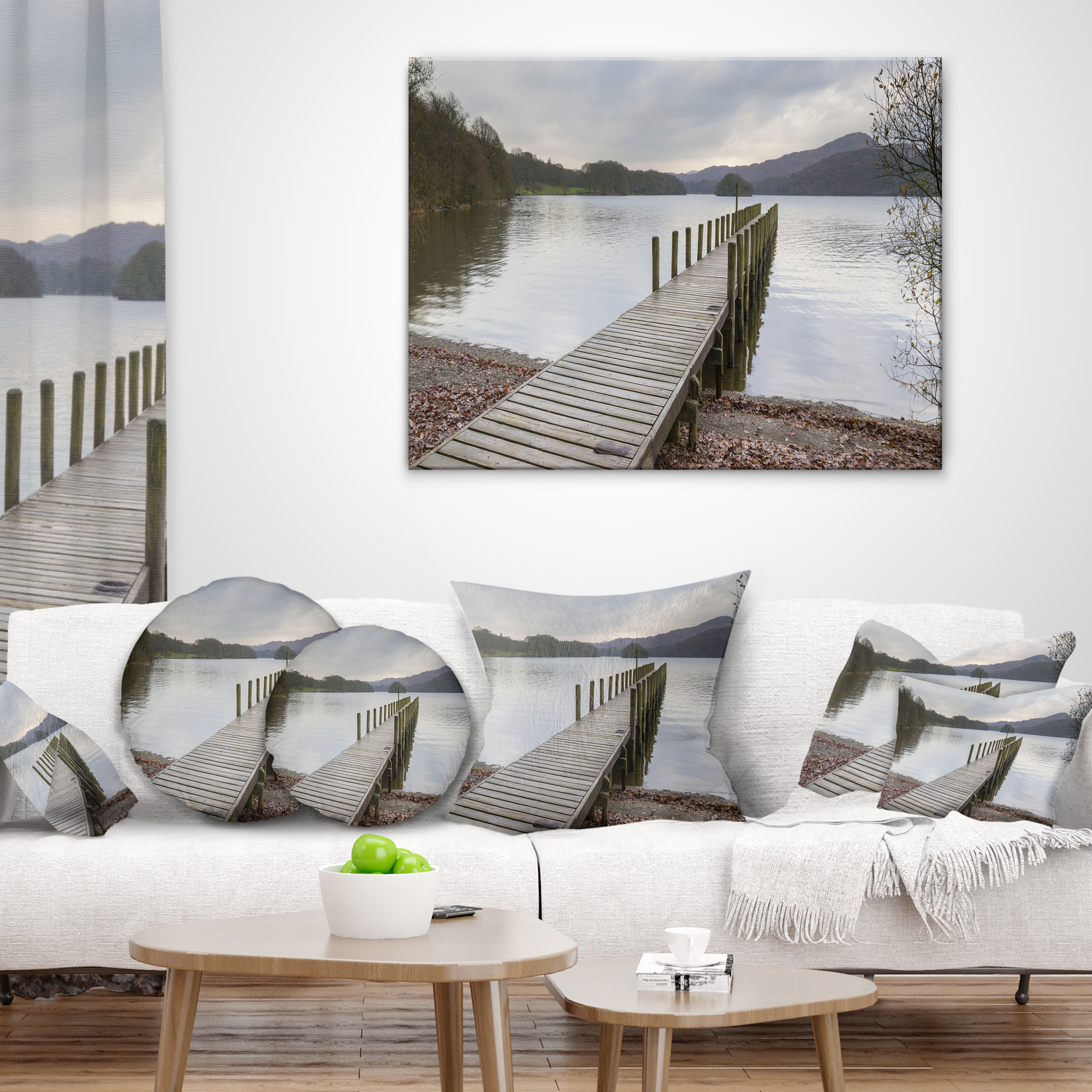 Designart Wooden Jetty on Lake District - Wooden Sea Bridge Throw Pillow - 18x18