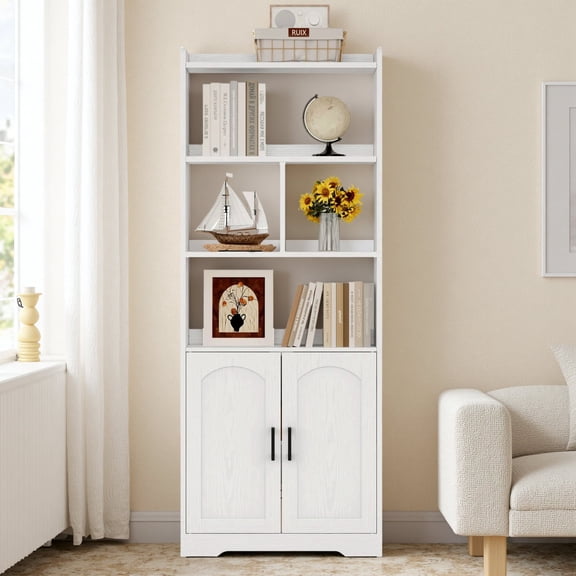 LIKIMIO 63" Tall Bookcase with Doors, Wood Bookshelf Open Display Shelf for Living Room Home Office, White