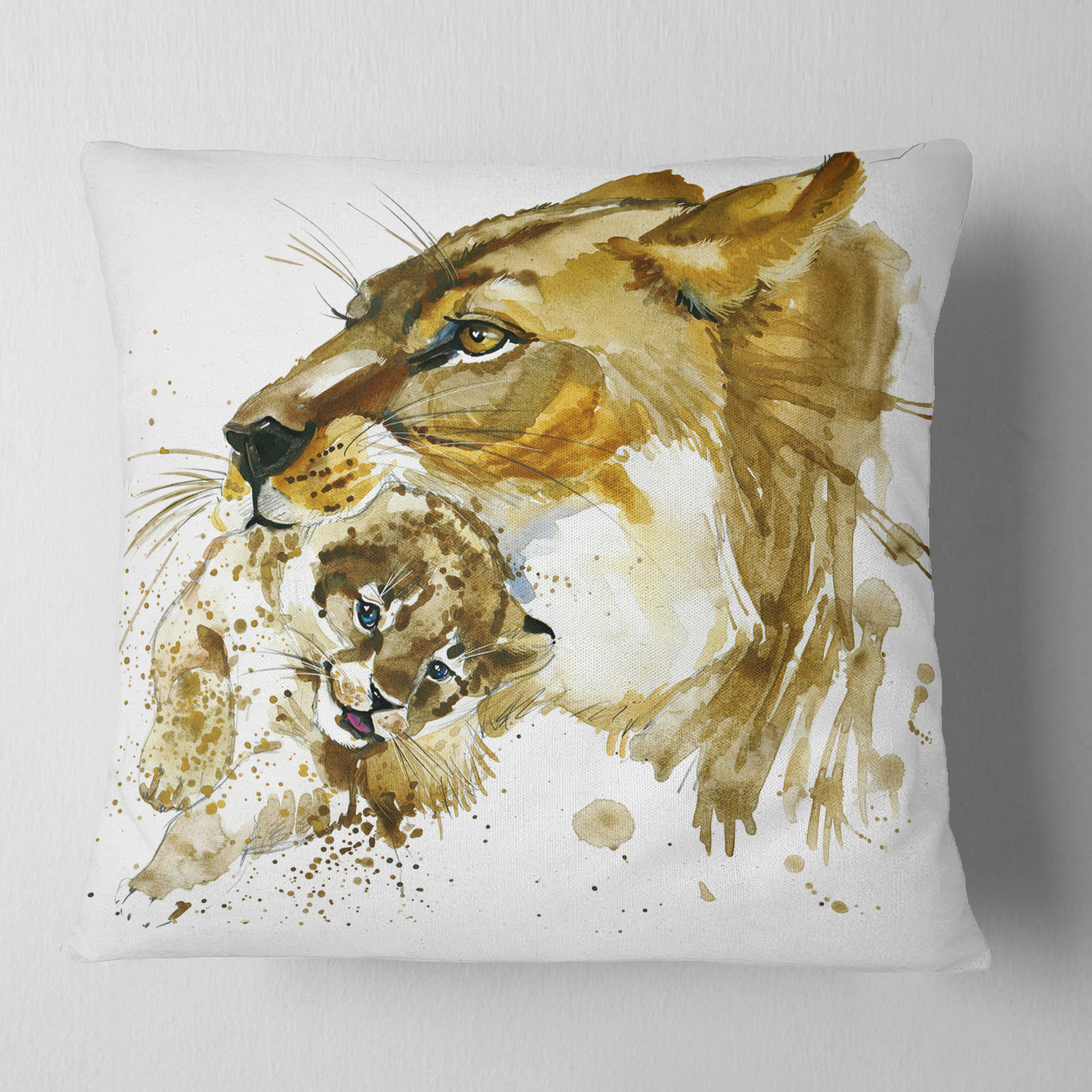 Designart Lioness and Cub Illustration - Animal Throw Pillow - 18x18