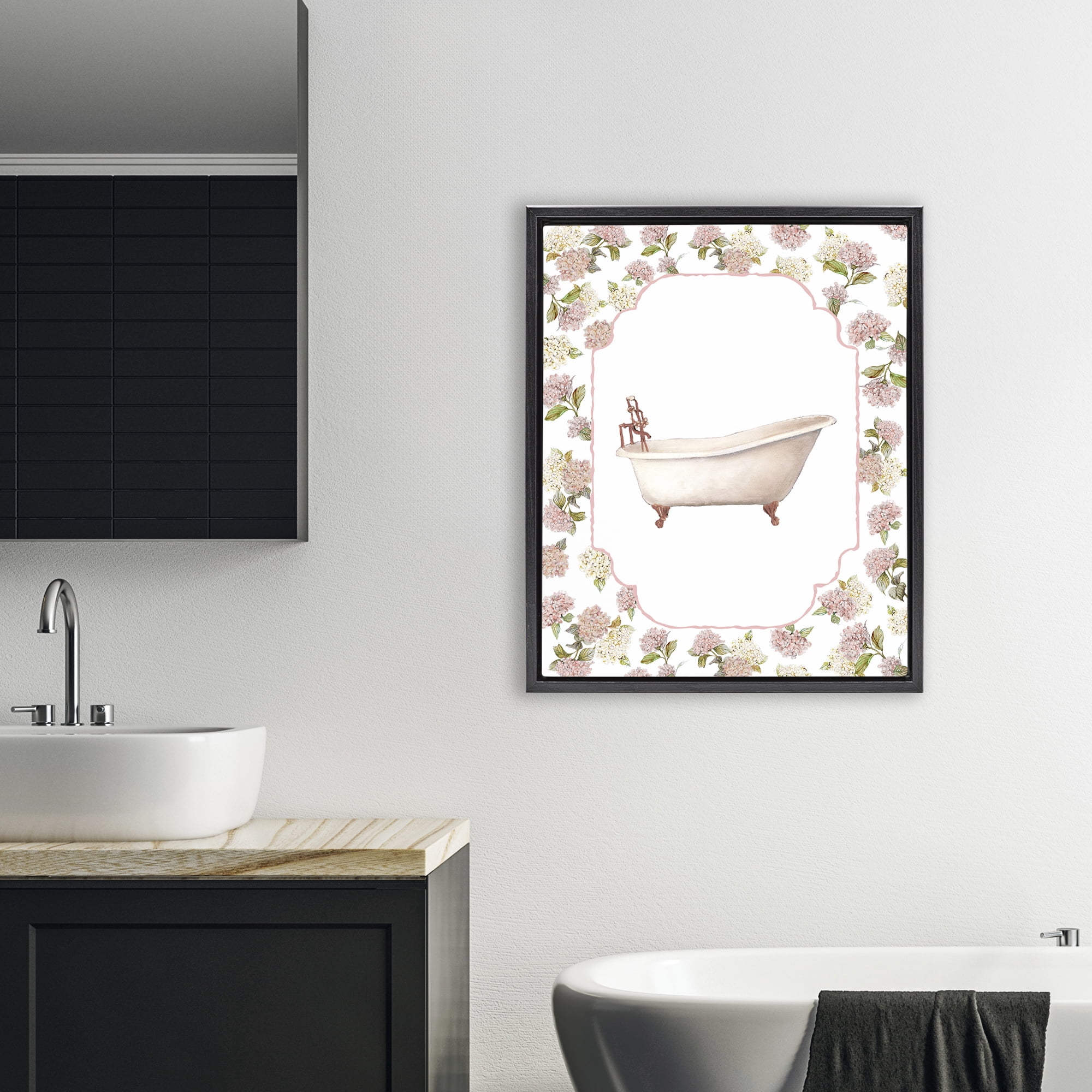 Stupell Industries Elegant Hydrangeas Bathtub Black Framed Floater Canvas Wall Art, design by Carol Robinson