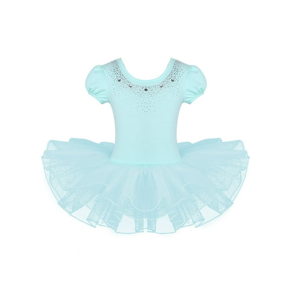 iEFiEL Girls Mesh Short Bubble Sleeves Sparkly Rhinestones Ballet Dance Leotard Tutu Dress