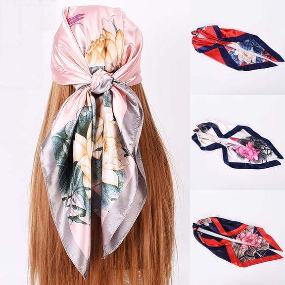 Square Silk Head Scarf for Women Helii 36" Large Trendy Boho Flowers Printed Satin Bandanas Headband Under $5 Soft Fashion Accessories Pink Floral Scarf Handkerchief Headwear