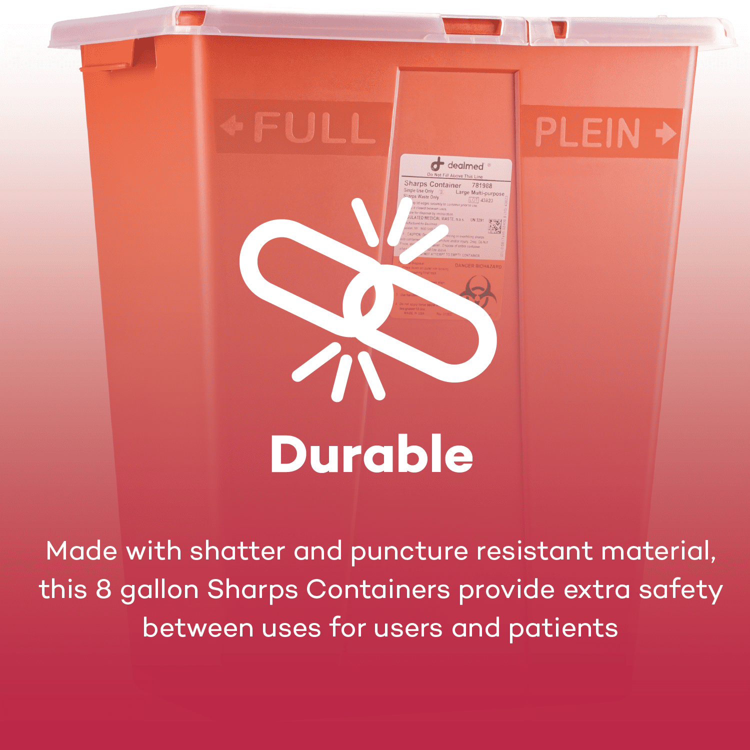 Dealmed Sharps Container, 8 Gallon Hinged Lid, Red (Case of 10)