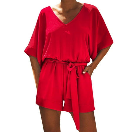 

Womens Overall Jumpsuit Short Sleeve V Neck High Waisted Wide Playsuits Beach Playsuits Overalls Red M