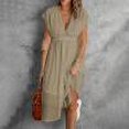 thumbnail image 1 of Robes Robe d'Été Mode Décontractée Femme Décolleté Profond Simple Boutonnage Manches Courtes Taille Double Tulle Couleur Unie Robe Kaki m, 1 of 5