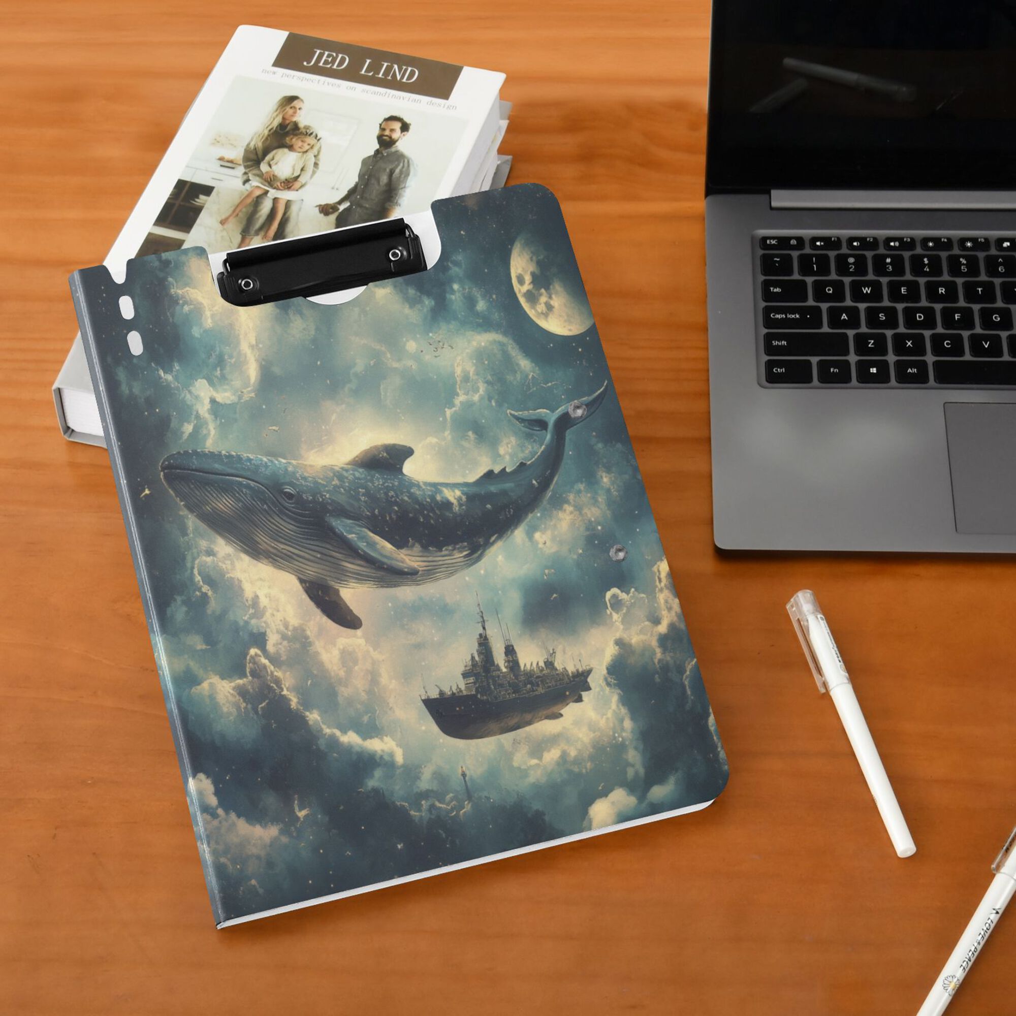 FORMRS A4 Clipboard Folder with Pen Holder Horizontal Foldable School Office Binder, Beige Floating Whale