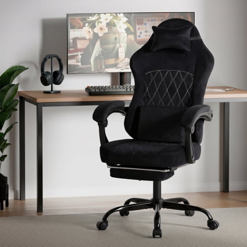 Ergonomic Velvet Gaming Chair with Massage Lumbar Support, Reclining Computer Chair with Adjustable Headrest and Swivel Seat for Home Office Gaming, Black