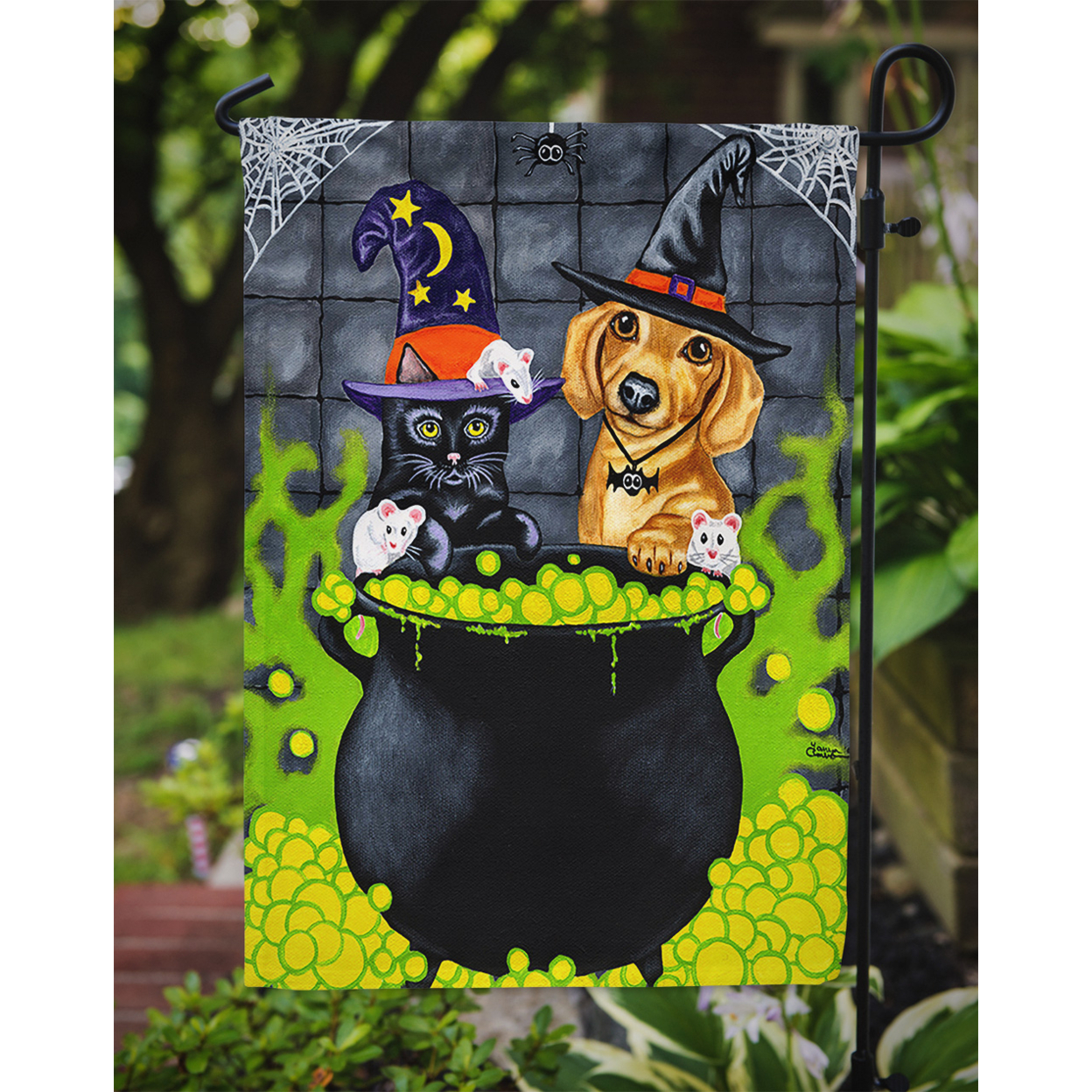 Carolines Treasures AMB1434GF Brewing up Trouble Halloween Dachshund Flag Garden Size  Small multicolor