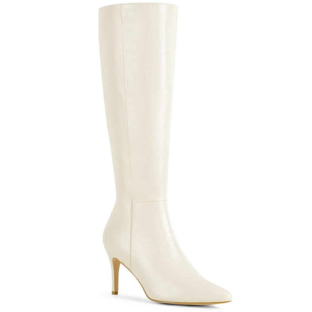 BLISSFUL STEP Stone Pattern Pointed Toe Stiletto Heel Knee High Boots for Women Cream (Size 9.5)