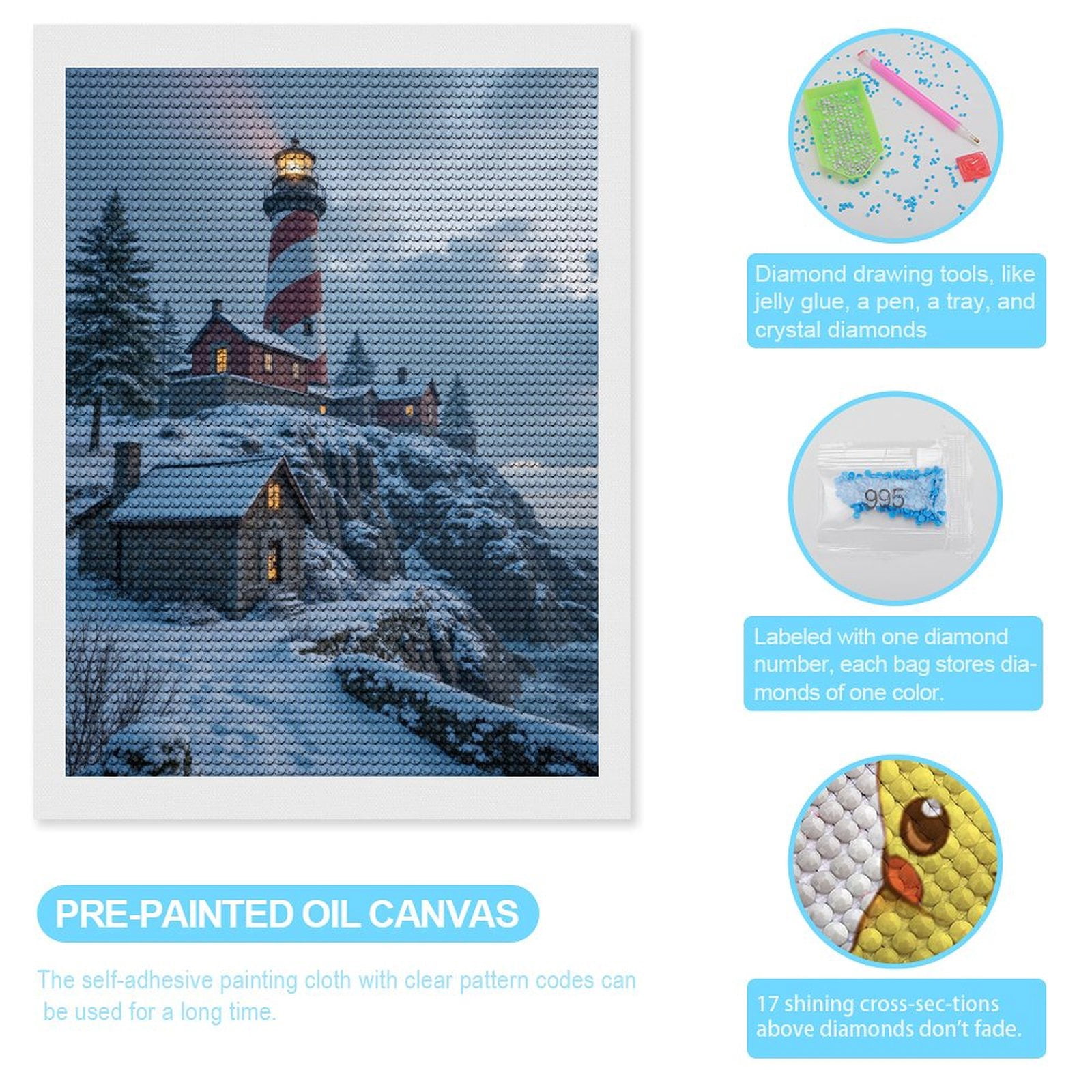 Diamond Art Kits for Adults, Snowy Lighthouse Winter Scene 5D Diamond Painting Kits for Adults Beginners, DIY Full Drill Diamond Painting, Gem Art and Crafts 12x16
