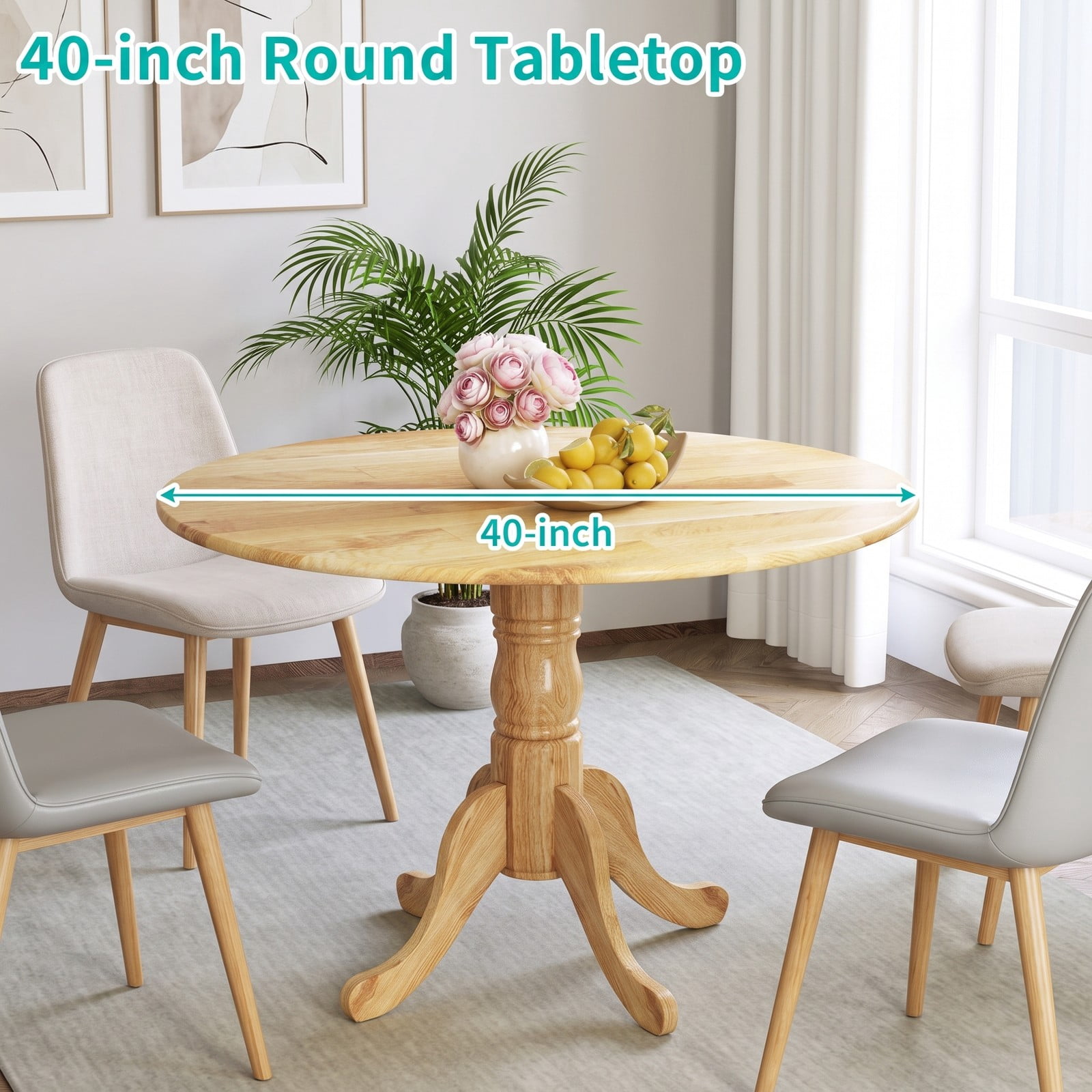 Furnibear Round Wooden Dining Table for 4, Kitchen Dinner Table with Curved Trestle Legs and Adjustable Foot Pads, Rubber Wood Small Dining Room Table, 39 Inch, Natural