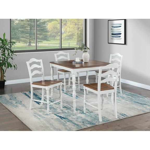 5-Pcs Counter Height Dining Set White Oak Table 4x Side Chairs Unique Wooden Seat Kitchen Dinette