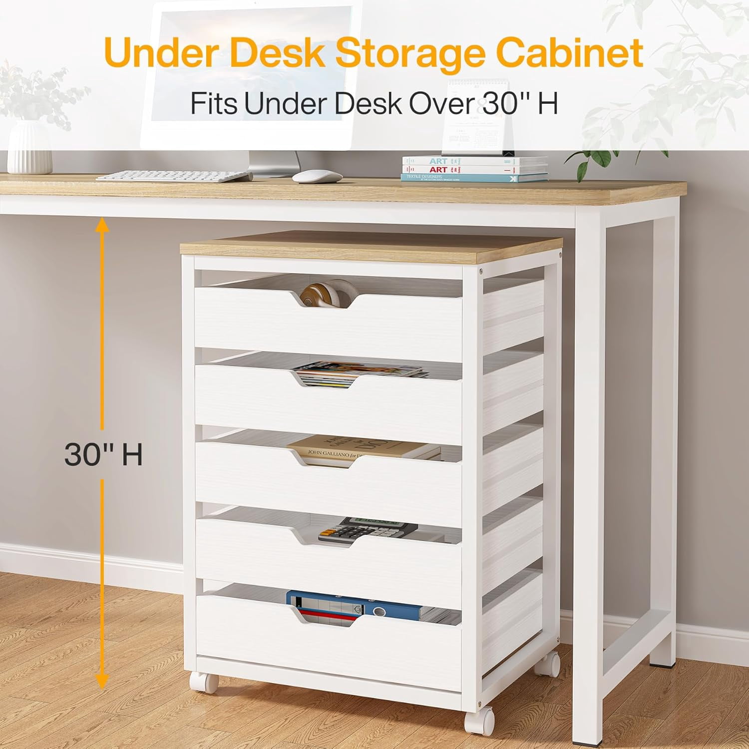 PurelyGoods 5-Drawer File Cabinet, Wood Mobile Storage Drawer Unit, Modern Office Cabinet with Drawers & Wheels, Rolling Printer Stand for Home Office (White)