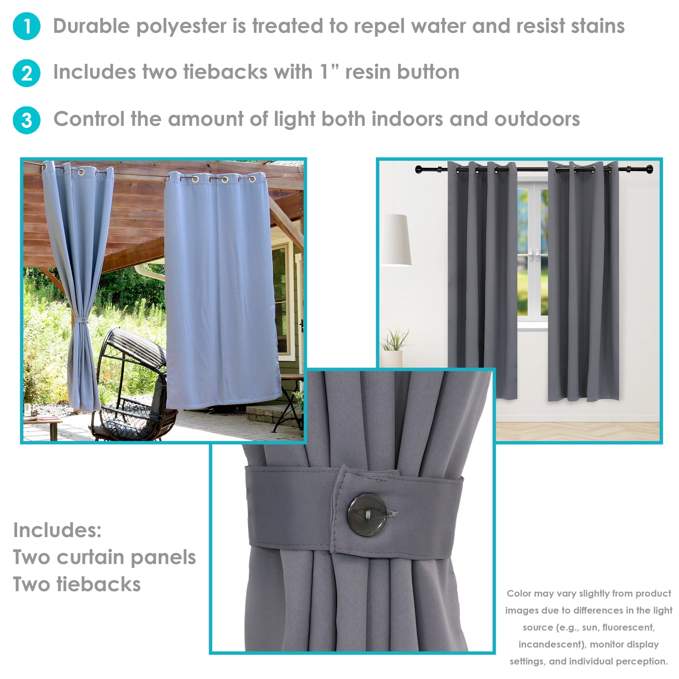 Sunnydaze Modern 2-Piece Gray Solid Blackout Indoor or Outdoor Curtain Set