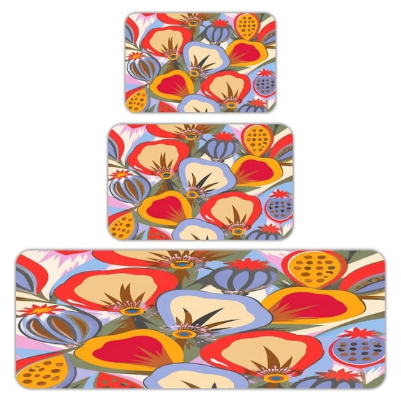 RKSupls Kitchen Rug Set 3 Piece Anti-Slip Flannel Floor Mats, Abstract Fruit Flower Washable Absorbent Runner Mats for Kitchen Bathroom Home Decor
