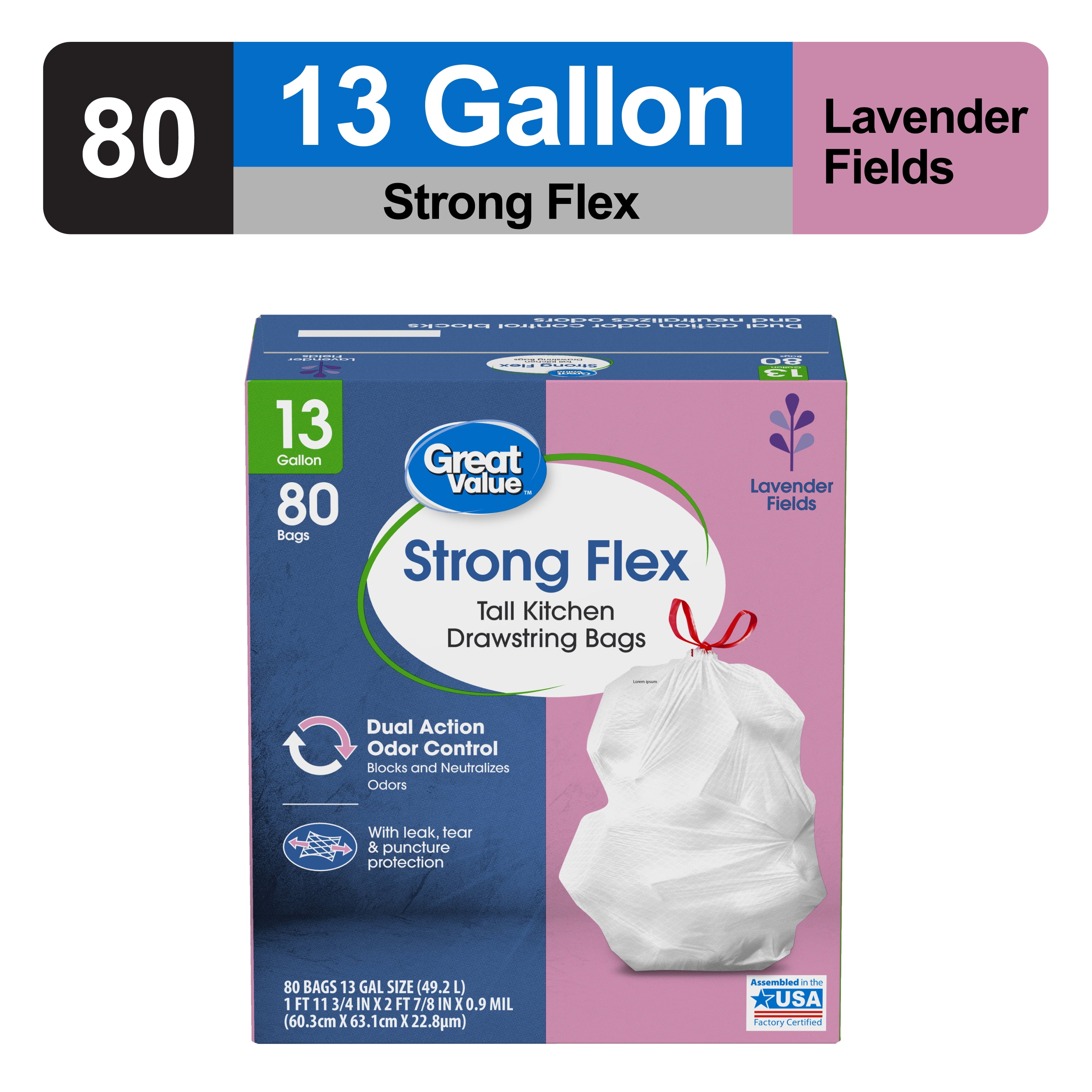 Great Value Strong Flex Tall Kitchen Drawstring Bags, Lavender Fields, 13 Gallon, 80 Count