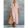 thumbnail image 6 of NTACZA Vacation Dress Maxi Cotton Lien 3/4 Sleeve Shirt Dress Collared Vacation Casual Back Button Color Blocks Beach Pink XXL, 6 of 6