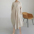 thumbnail image 5 of Kmdttou New Women's Summer Medium Long Sleeved Solid Color Linen Round Neck Long Dress,Fashionable Casual Dresses for Women 2025, 5 of 9