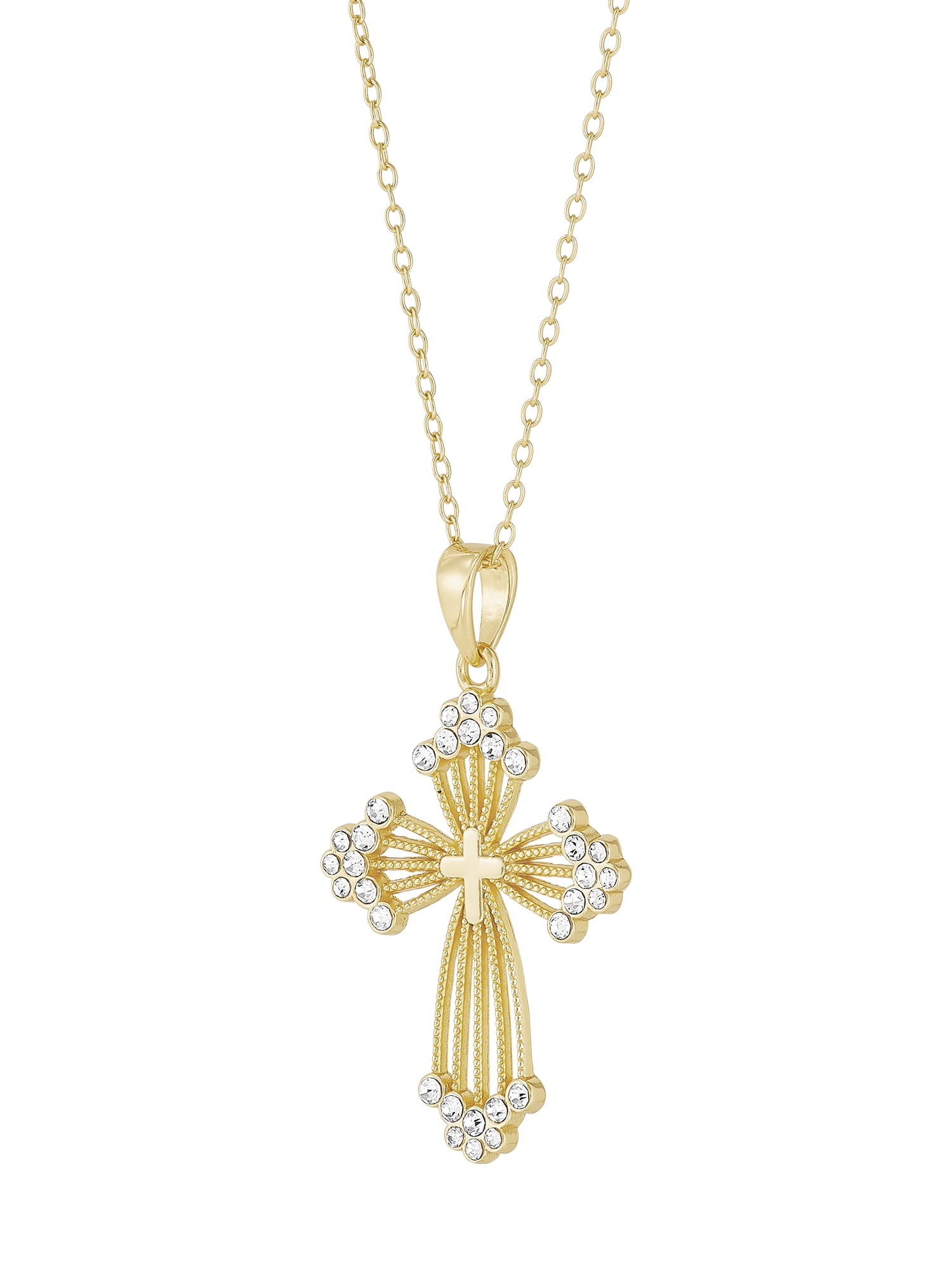 Brilliance Fine Jewelry Crystals Beaded Cross Pendant in Sterling Silver and 18K Gold Plate,18"