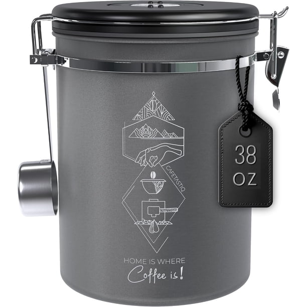 Bote extra grande de 38 oz para granos/35 oz de café molido - Contenedor de almacenamiento de café Harina de té Acero inoxidable hermético con válvula de liberación de dial de fecha Cuchara