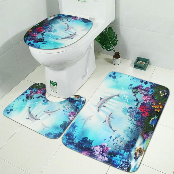 4pcs Dolphin Shower Curtain Set with Rugs, Cute Blue Sea Ocean Fish