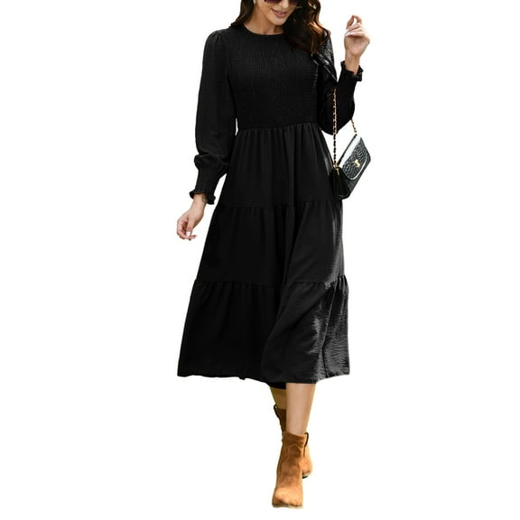 Mengpipi Womens Casual Long Sleeve Midi Dresses Smocked Flowy Tiered Dress Black, Size 12-14