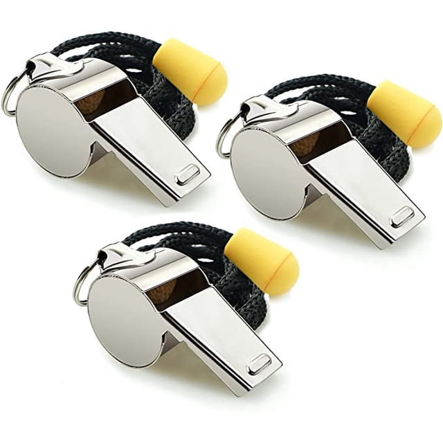 Paquete de 3 silbatos deportivos de acero inoxidable con cordón, Loud Crisp S