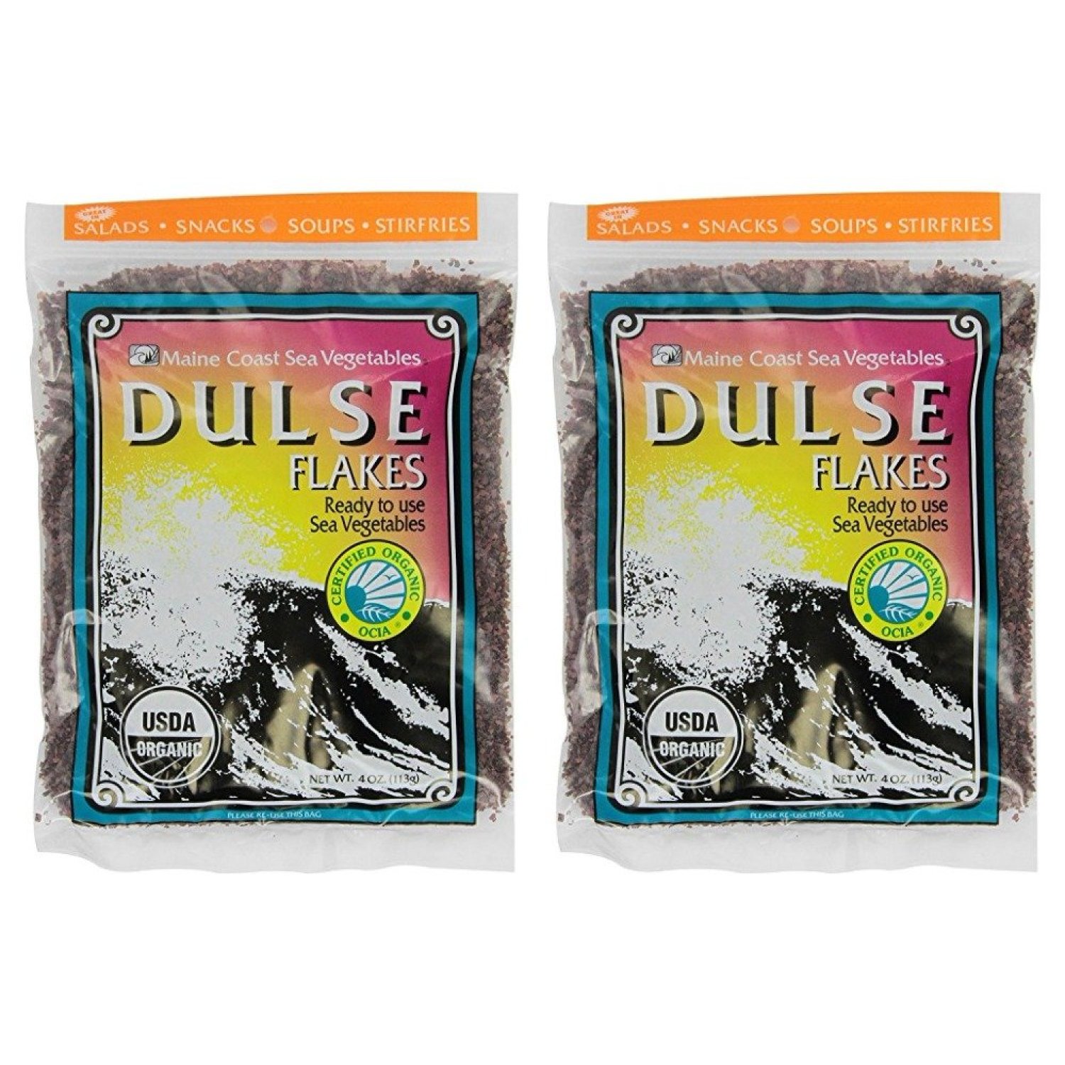 Dulse Flakes Certified Organic Sea Vegetables, washed, Pure Vegan Maine 4oz. (Pack OF 2
