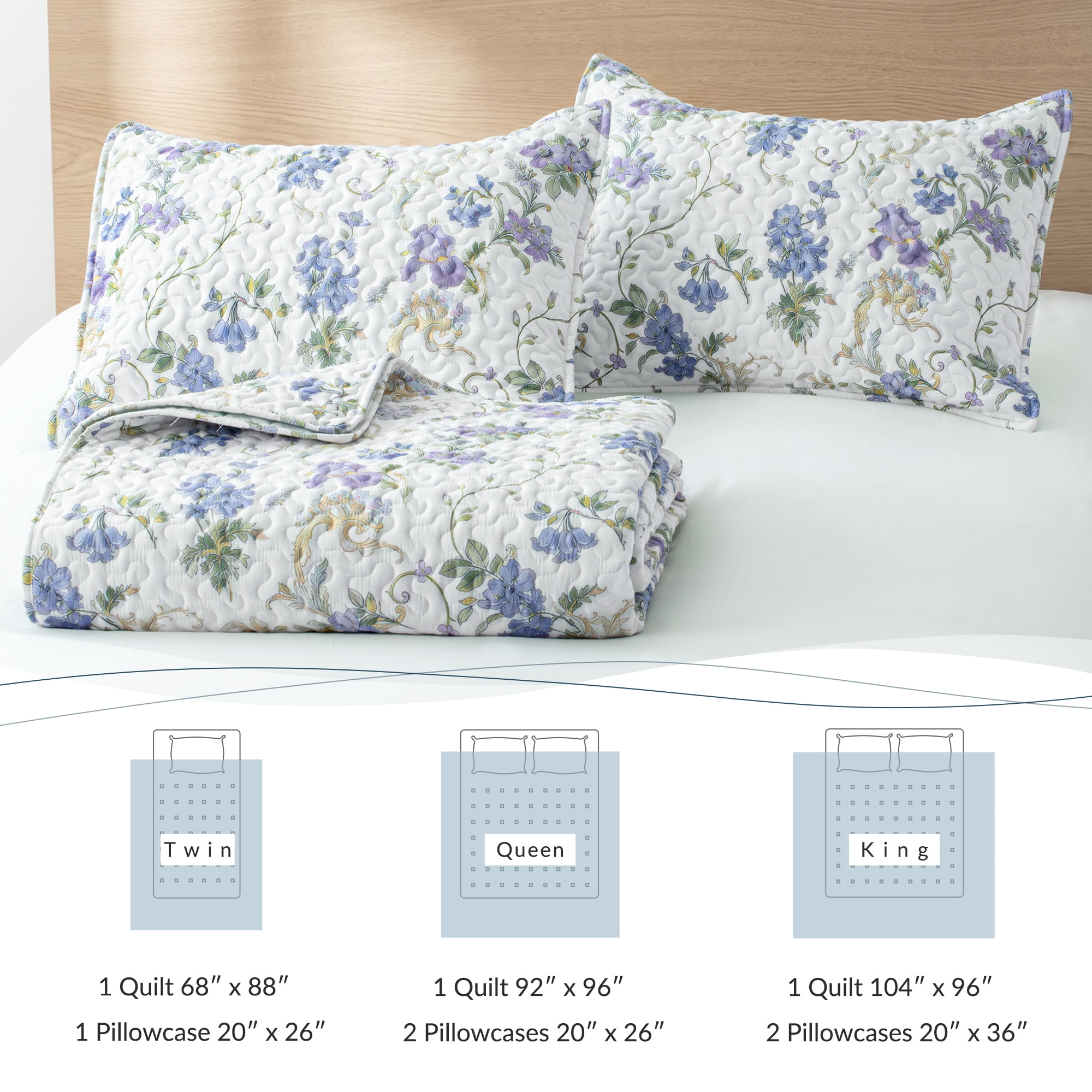 Exclusivo Mezcla Floral Quilt King Size, Faint Yellow King Size Quilt Bedding Set with Purple Floral and Vine Pattern, Reversible Lightweight Bedspreads Coverlets (104"x96")