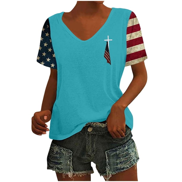 Tops Cortos para las Mujeres Día de la Independencia Patriótica Impreso Cuello en V, Manga Corta Top Casual para Diario, Fiesta Y Todas las Estaciones