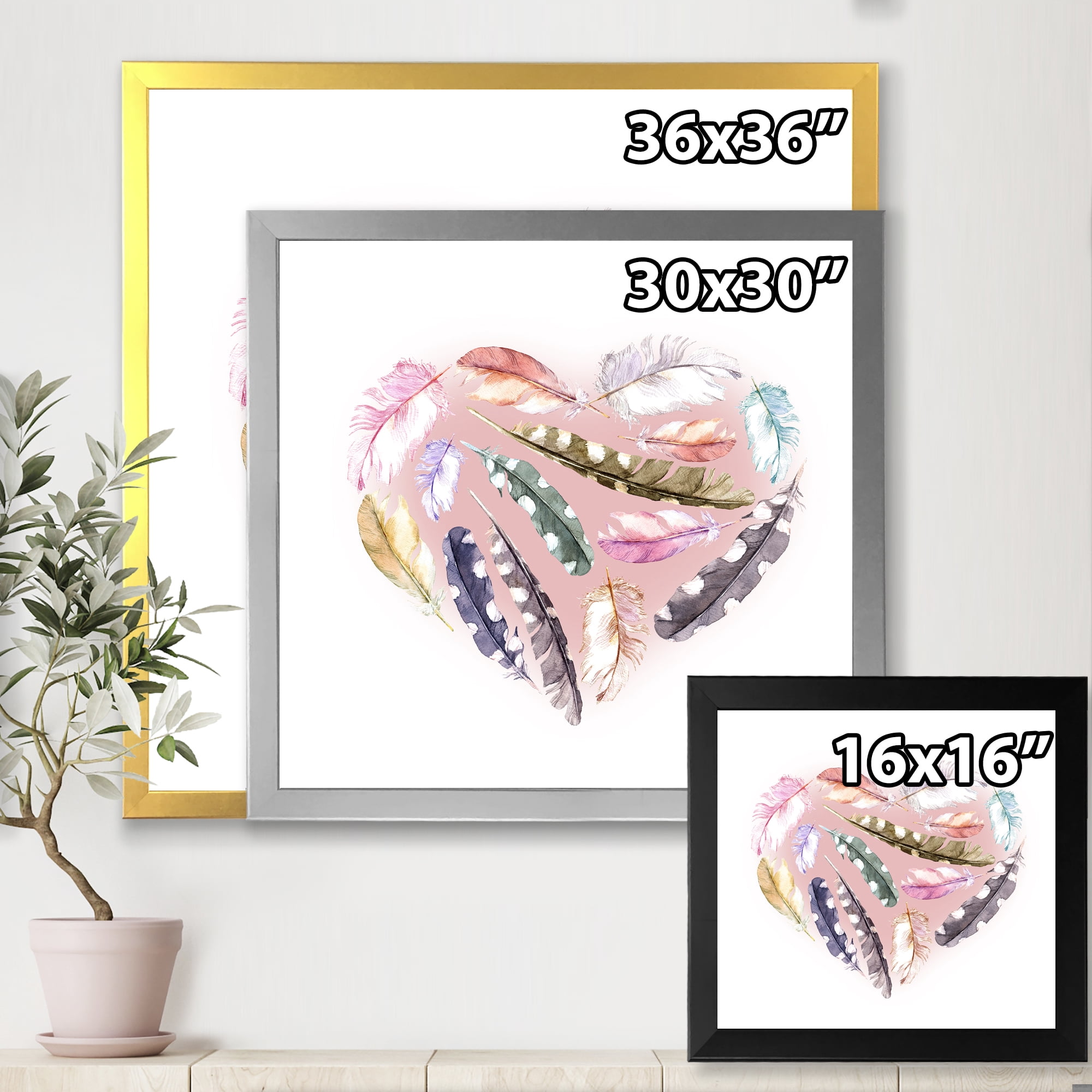 Designart 'Ethnic Feather In Heart Shape' Bohemian & Eclectic Framed Art Print